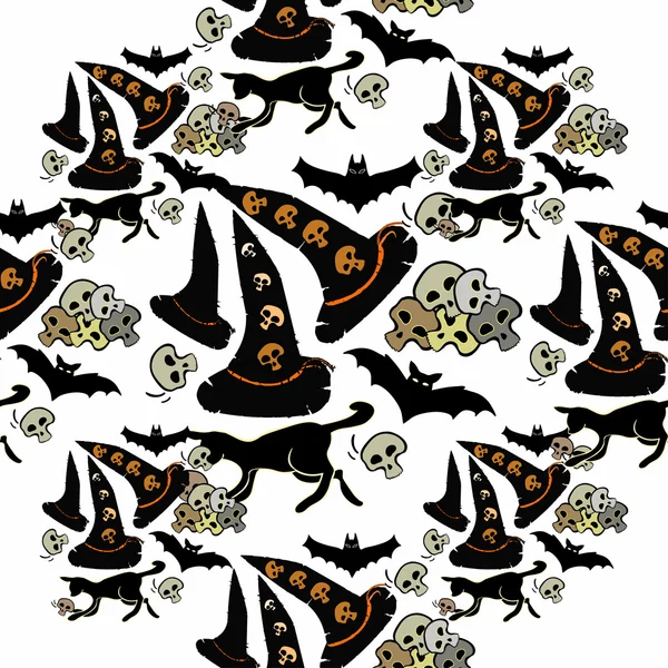 无缝模式万圣节蝙蝠，巫婆帽子，猫头骨上 — 图库矢量图片