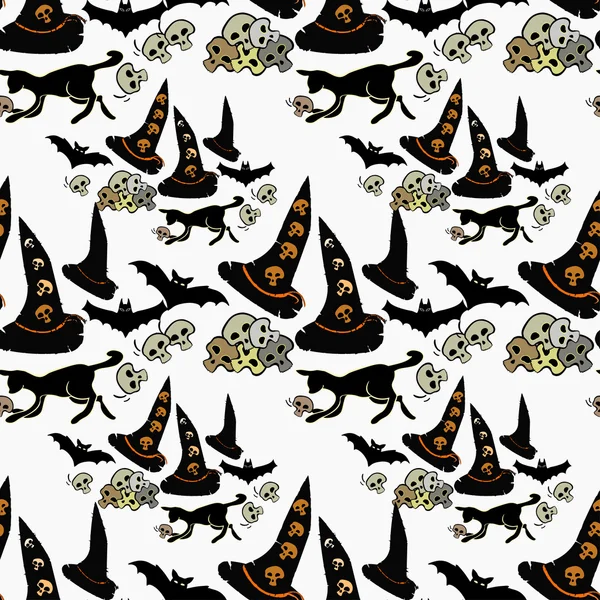 Sömlös mönster för Halloween bat, Witch hat, en katt skalle. Non — Stock vektor