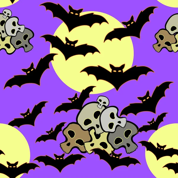 Naadloze patroon voor halloween vleermuis, schedel, maan op een violet rug — Stockvector