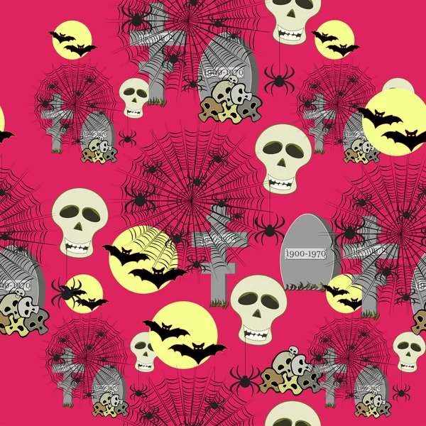 Motif sans couture pour halloween chauve-souris, lune, araignée, cimetière sur un — Image vectorielle