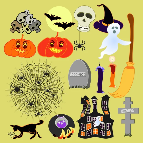 Set for Halloween haunted house, witch hat, spider, pumpkin. vec — Stock Vector