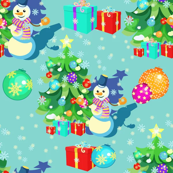 Seamless pattern with Christmas decorations, gifts, snowman, sno — Stock Vector