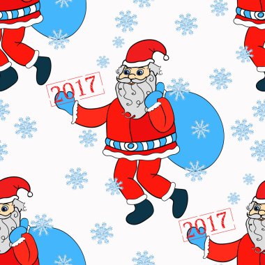 Noel Baba hediye çanta ile gülümseyen seamless modeli. vektör illus