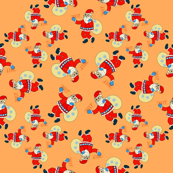 Seamless mönster av jultomten med påse med presenter och snöflingor Stockvektor