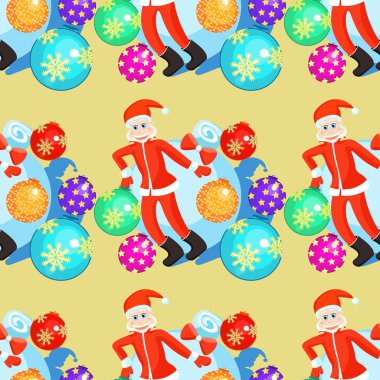 Dikişsiz desen Noel topları ve Noel Baba sarı bir bac üzerinde