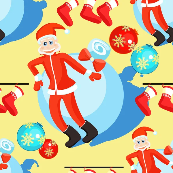 Patrón sin costuras bolas de Navidad y Santa Claus en un bac amarillo — Vector de stock