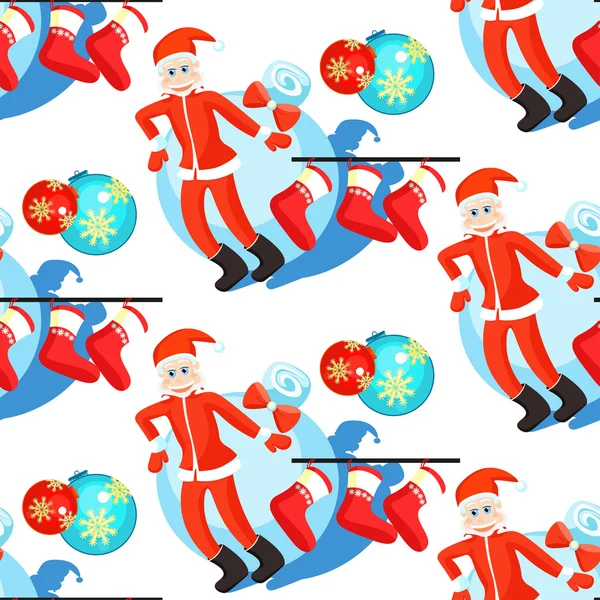 Patrón sin costuras bolas de Navidad y Santa Claus, calcetín de Navidad — Vector de stock