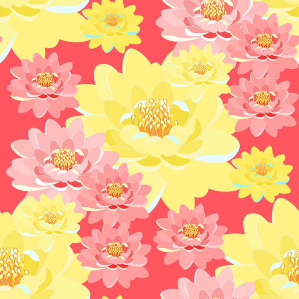シームレス パターンの蓮の花のピンク、黄色、ピンクのバクをクローズ アップ — ストックベクタ