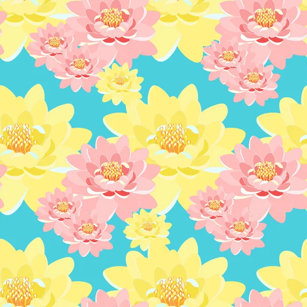 Nahtloses Muster Lotusblüte rosa, gelb, Makro auf blauem Rücken — Stockvektor