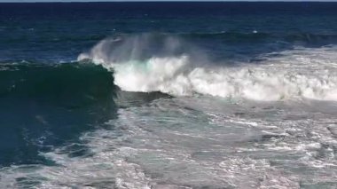 Güneşli okyanus kıyısında dalgalar çarpıyor.