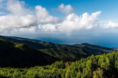 Açık mavi gökyüzünün altında okyanusla buluşan canlı yeşil dağların geniş manzarası. Yumuşak bulutlar sakin manzaraya derinlik katıyor. Açık hava meraklıları için mükemmel.