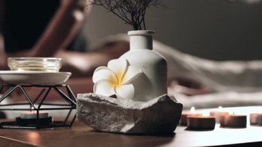 Dekoratif taşın üzerinde çiçek olan vazo ve sırtında masaj yapılan kadın..