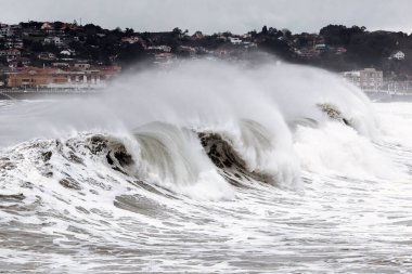 Okyanus dalgaları kıyı şeridine çarpar, şaşırtıcı bir beyaz köpük ve sis gösterisi yaratır, denizin dinamik enerjisini ve doğal güzelliğini vurgular.