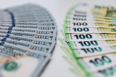 100 dolarlık banknotlar ve avro banknotları da dahil olmak üzere çeşitli banknotlar sanatsal olarak düzenlenerek para birimi çeşitliliği ve finans ve ekonomi kavramı vurgulanmaktadır.