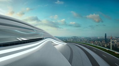 Fütürist aerodinamik tasarımlı 3D mimari. Sabah sahnesi