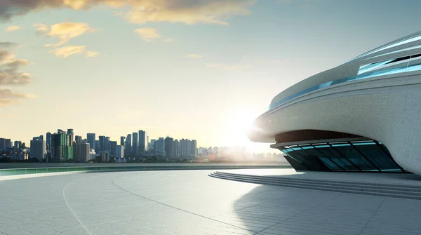 3D rendering architecture with futuristic streamlined design. Sunrise scene