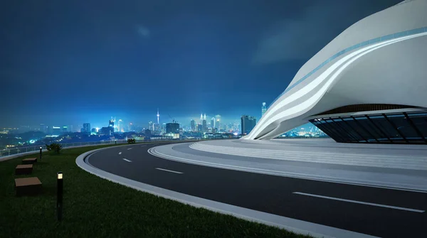 3D rendering architecture with futuristic streamlined design. Night scene