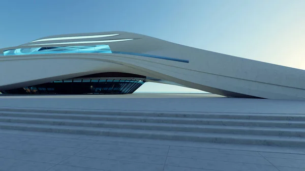 3D rendering architecture with futuristic streamlined design. Evening scene