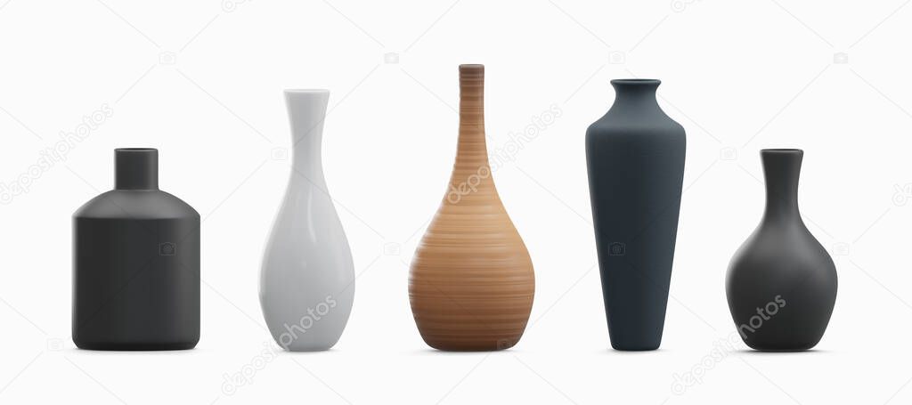 Various type vases isolated on white background with clipping path. Photorealistic 3D rendering