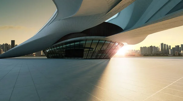 3D rendering architecture with futuristic streamlined design. Sunset scene