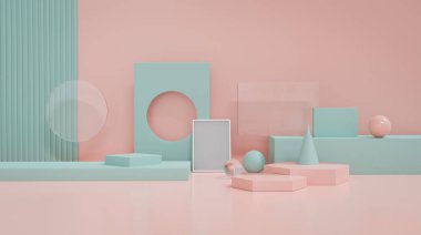 Ürün ekran platformu için Pastel mavisi ve pembe geometri şekilli nesne dekoru. 3d oluşturma.