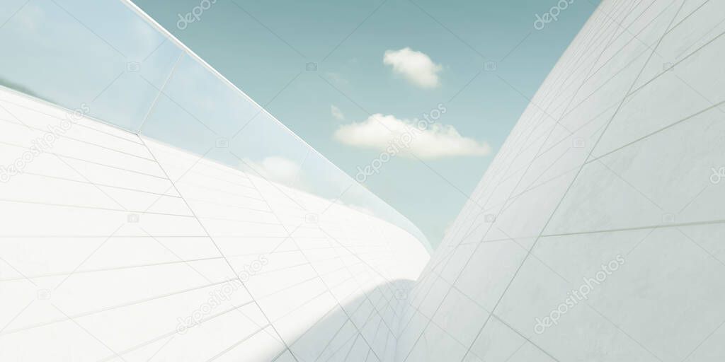 Abstract architecture exterior with futuristic streamlined design. Daytime scene. 3D rendering