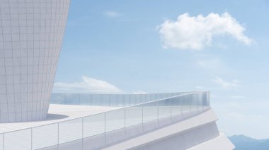 Modern mimari dış görünüş, camdan ve betondan yapılmış duvarlar. 3B görüntüleme