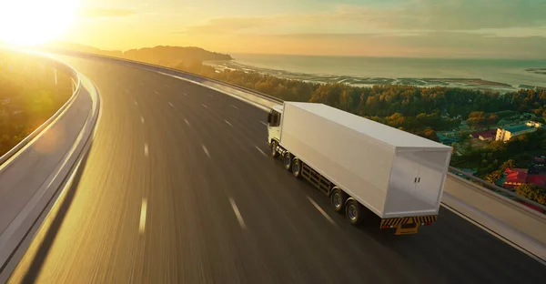 Rear angle view of delivery truck run on the road with sunrise cityscape,fast delivery,cargo logistic and freight shipping concept. 3d rendering.