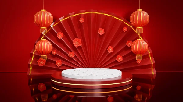 製品表示のための赤いオープン中国の折りたたみファン ランタン 開花桜とラウンドステージが飾られました 幸せな中国の旧正月祭りの背景 3Dレンダリング — ストック写真