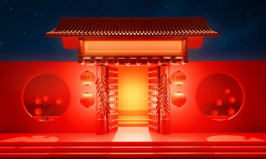 Tapınağın kapısı Çin usulü kırmızı fener ve havai fişeklerle süslenmiş. Mutlu Çin Yeni Yıl Festivali konsepti. 3B görüntüleme