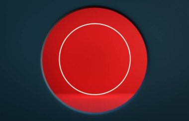 Prusya mavisi duvar, yuvarlak pencereli kırmızı duvar ve yuvarlak şekilli ışık. Fotorealistik 3B oluşturma.