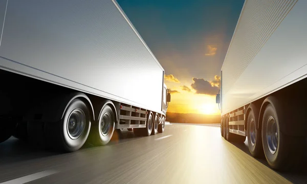 日の出の風景 高速配信 貨物物流や貨物輸送の概念と道路上で実行される2つの配信トラックの後部角度ビュー フォトリアリスティック3Dレンダリング — ストック写真