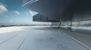 Çelik ve cam gibi modern dış görünüşlü boş beton zemin manzarası. Sabah sahnesi. Fotorealistik 3B oluşturma.