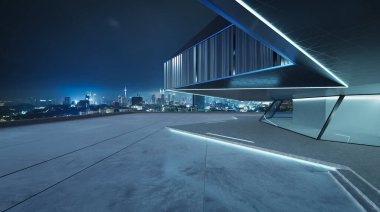 Çelik ve cam gibi modern dış görünüşlü boş beton zemin manzarası. Gece sahnesi. Fotorealistik 3B oluşturma.