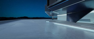 Çelik ve cam gibi modern dış görünüşlü boş beton zemin manzarası. Gece sahnesi. Fotorealistik 3B oluşturma.