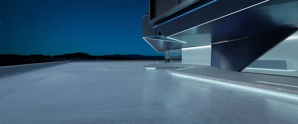 スチールとガラスの近代的な建物の外観を持つ空のセメント床のパースビュー ナイトシーン フォトリアリスティック3Dレンダリング — ストック写真