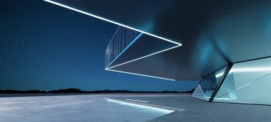 Çelik ve cam gibi modern dış görünüşlü boş beton zemin manzarası. Gece sahnesi. Fotorealistik 3B oluşturma.