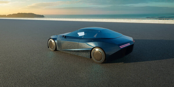 Концепт-кар Brandless Electric EV на асфальте. 3D рендеринг с моим собственным креативным дизайном.