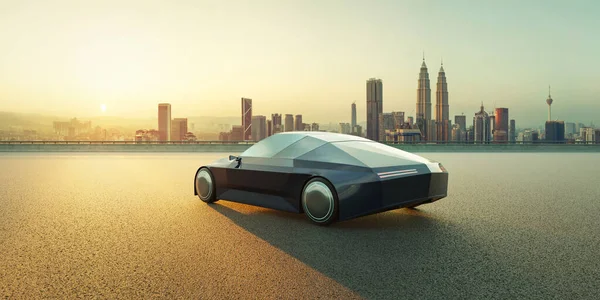 都市スカイラインの背景とアスファルト道路上のブランドレス電気Evコンセプト車 私自身の創造的なデザインの3Dレンダリング車 — ストック写真