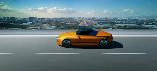 Brandless Electric Concept Car Eseguire Sulla Strada Con Sfondo Skyline — Foto Stock