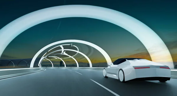 Mașina Sport Brandless Rulează Designul Futurist Fațadei Neonului Fațadei Sticlă — Fotografie, imagine de stoc