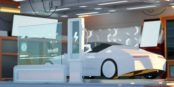 Closeup Elektrische Auto Bij Futuristisch Laadstation Geselecteerde Scherpstelling Eco Alternatief — Stockfoto