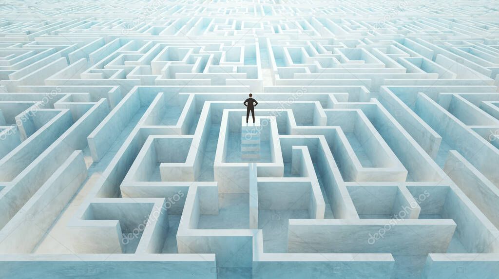 Businessman stand in front of maze entrance. Business problem solving, making decision, finding solution and challenge concept.