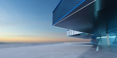 Çelik ve cam gibi modern dış görünüşlü boş beton zemin manzarası. Sabah sahnesi. Fotorealistik 3B oluşturma.