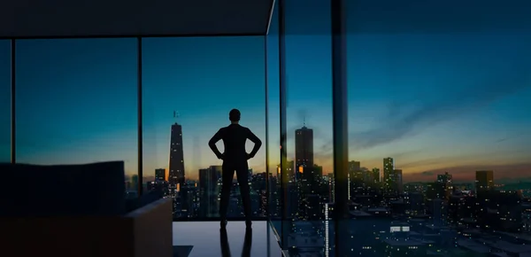 Joven Hombre Negocios Pie Oficina Viendo Ciudad Moderna Vista Del —  Fotos de Stock