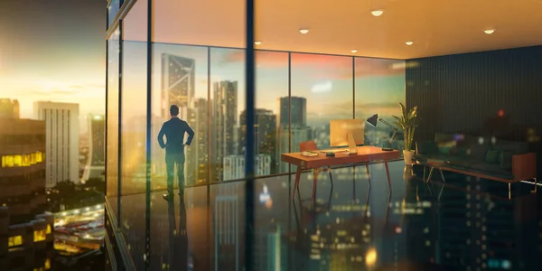 Young Business Man Standing Rendering Office Watching Modern City Sunrise — Stock Photo, Image
