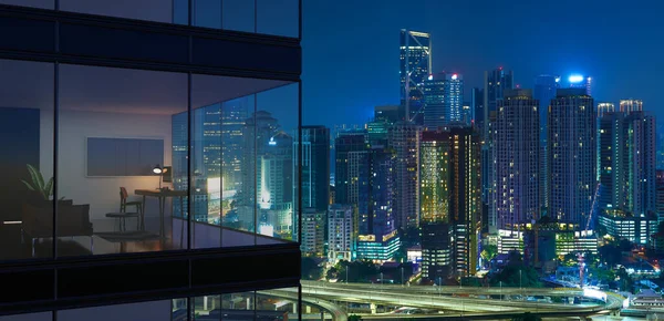 Panoramisch Uitzicht Prachtige Nachtelijke Stadsgezicht Met Moderne Rendering Kantoor Buitenkant — Stockfoto