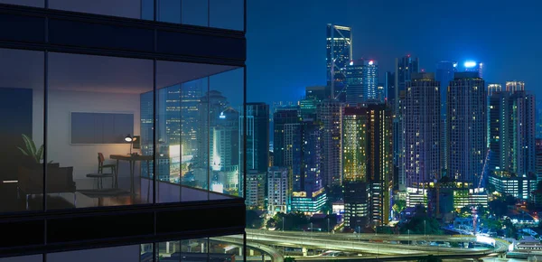 Vista Panorâmica Bela Paisagem Urbana Noturna Com Moderno Escritório Renderização — Fotografia de Stock