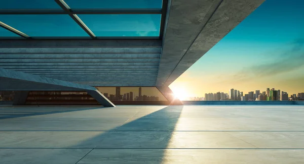 Perspective View Empty Concrete Floor Modern Rooftop Building Sunset Cityscape — Stock Photo, Image