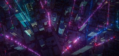 Parlayan parçacık ışık bağlantısı tasarımlı Smart City 'nin hava görüntüsü, büyük veri bağlantı teknolojisi kavramı. 3d oluşturma